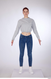 Rada a-pose blue jeans dressed grey long sleeve cropped hoodie…